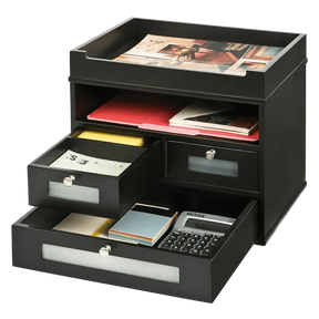 Victor® Tidy Tower black solid wood desk organizer with letter tray and open drawers