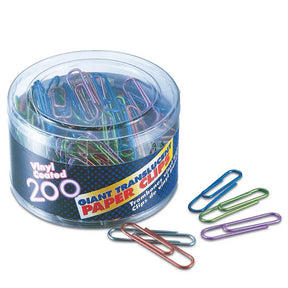 Officemate® Translucent Giant Vinyl Coated Paper Clips in a clear storage container