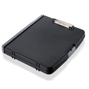 Officemate® Triple File Clipboard Storage Box in black with a metal clip