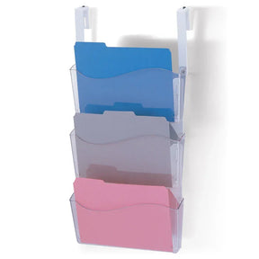 Officemate® Unbreakable clear wall file organizer holding blue, grey, and pink folders.