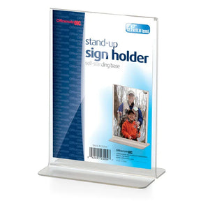 Officemate® clear upright vertical 5x7 inch stand-up sign holder with self-standing base.