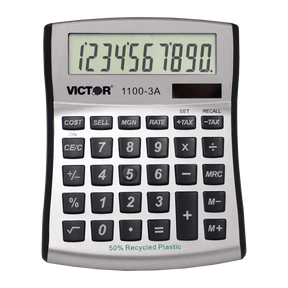 Victor® 10-Digit Desktop Calculator in silver and black, made from 50% recycled plastic.