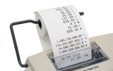 Thermal printing calculator with large display printout and paper roll in close-up view.