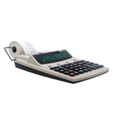 Thermal printing calculator with large display and paper roll on a black background