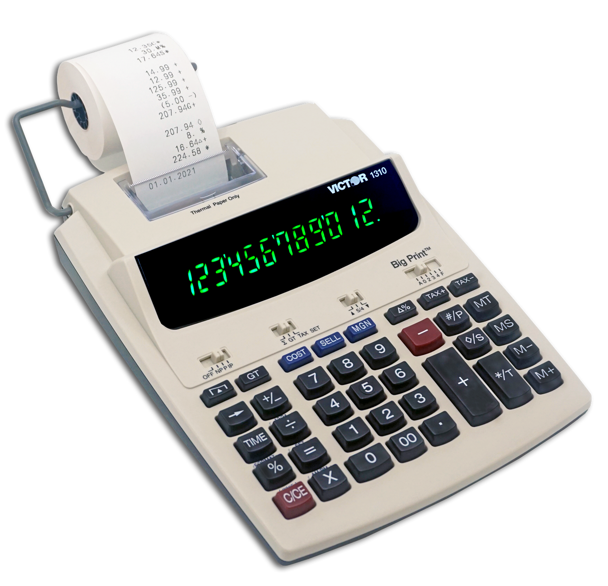 Thermal printing calculator with large digital display and printed receipt tape.