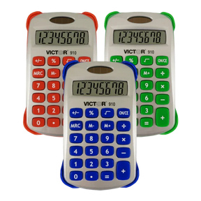 Three Victor 8-digit handheld calculators with orange, green, and blue protective covers.