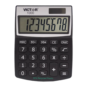 Victor® 8-digit mini desktop calculator with eco-friendly design and black buttons.