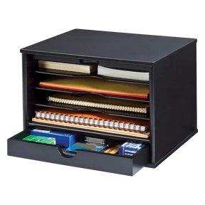 Victor® black desktop organizer with four shelves and an open drawer for office supplies