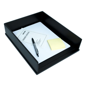 Victor® front-loading black letter tray desk organizer with papers, pen, and sticky notes