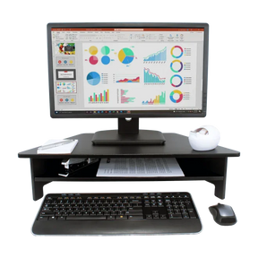 Victor® High Rise™ Monitor Stand on a desk with a monitor, keyboard, and mouse.
