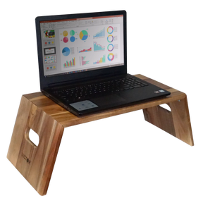 Victor® High Rise™ Portable Folding Acacia Wood Laptop Desk with an open laptop showing data charts