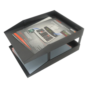Black Victor® Legal Tray with stacked documents and a calculator brochure