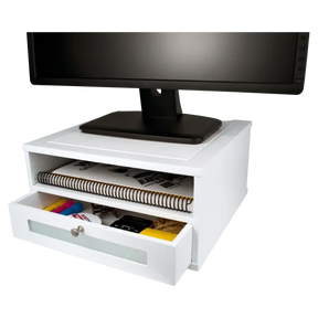 Victor® white wooden monitor riser with a storage drawer containing office supplies.