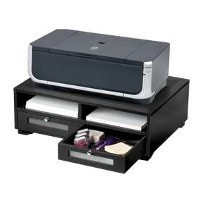 Victor® black wooden printer stand with storage drawers and a printer on top