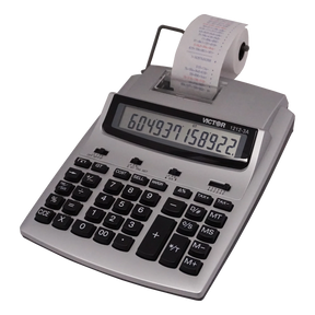 Victor® silver 12-digit commercial printing calculator with a paper roll and digital display.