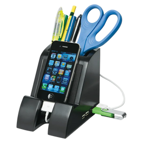 Victor® Smart Charge Pencil Cup with USB hub holding a smartphone and office supplies