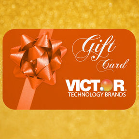 Orange Victor® gift card with a decorative ribbon bow against a golden glitter background.