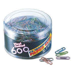 A clear plastic container filled with 600 colorful Officemate® vinyl coated paper clips.
