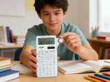 Student using a scientific calculator at a classroom desk with open books and pencils
