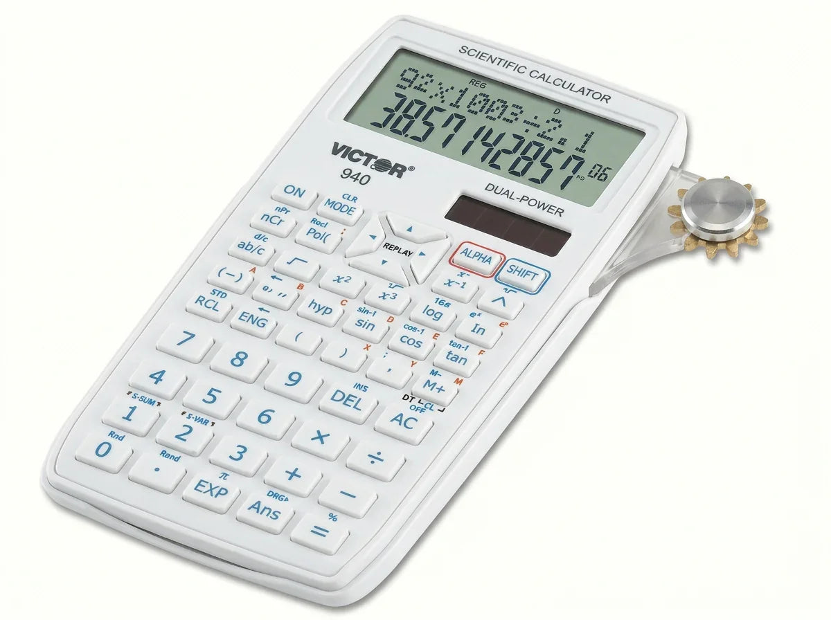 White scientific calculator with dual-power, large display, and various function buttons