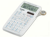 White scientific calculator with dual-power, large display, and various function buttons