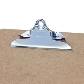 Close-up of the silver metal clip on an Officemate® wood letter size clipboard.