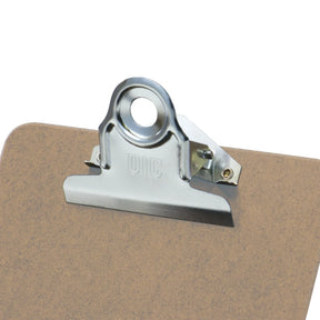 Close-up of the silver metal clip on an Officemate® Eco-Friendly Wood Clipboard.