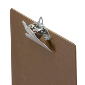 Close-up of the silver metal clip on an Officemate Recycled Wood Waybill Clipboard.