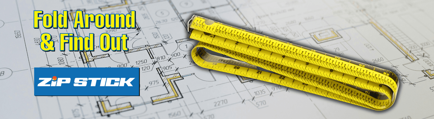 Yellow folding ruler on architectural blueprints with 'ZIP STICK' branding.