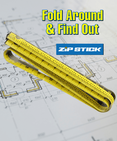 Yellow measuring tape on architectural plans with 'Zip Stick' branding